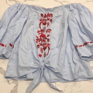Pff the shoulder blue shirt with red embroidery